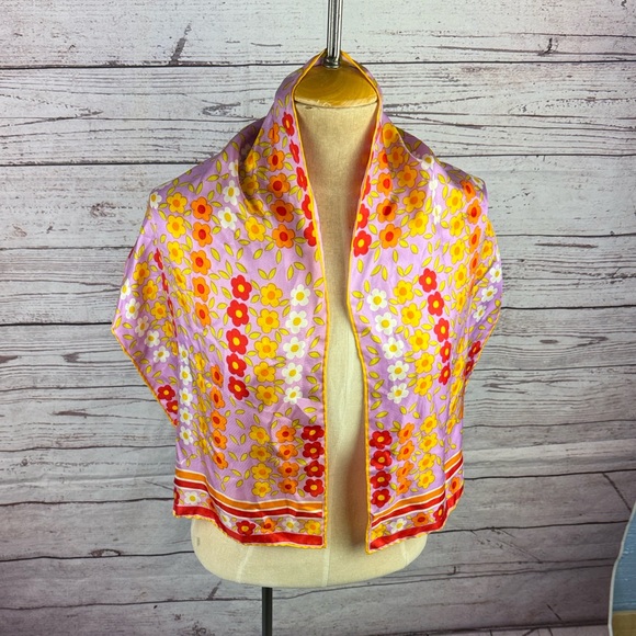 VTG BURMEL 100% Hand Rolled Silk Scarf Japan Floral - Pink/Yellow - Picture 5 of 5